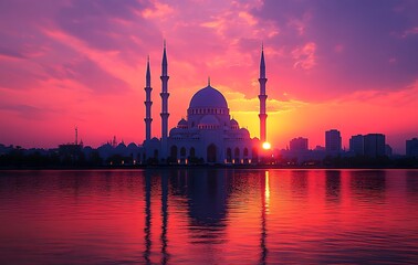 Fototapeta premium Serene Mosque Silhouette at Sunset with Vibrant Reflections
