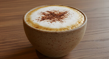 A vibrant depiction of a frothy cappuccino in a rustic cup dusted with cocoa powder, set on a vintage wooden table.