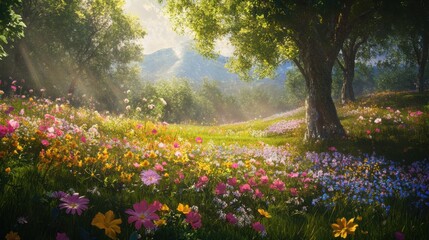 Naklejka premium Sunny spring wildflowers bloom. Generative AI