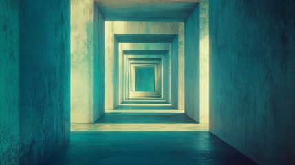 An endless geometric corridor bathed in a surreal turquoise glow, evoking infinity and architectural intrigue.