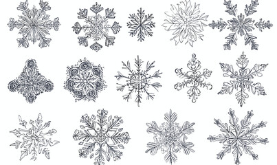 Intricate snowflake icons set in linear style - vector.