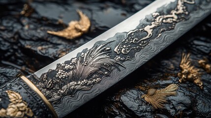 A meticulously crafted katana, a blade of beauty and power, its surface adorned with intricate etchings and a distinct curve that whispered of ancient battles fought and won.