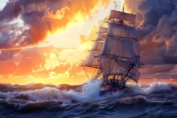 Old Wooden Ship at Sunset