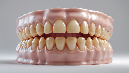 Obraz premium Complete set of dentures displayed in a studio setting showcasing the upper and lower teeth.