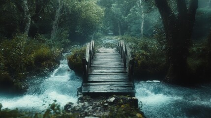 An old wooden bridge spans a misty forest stream, with lush greenery and mysterious atmosphere, inviting exploration and adventure.