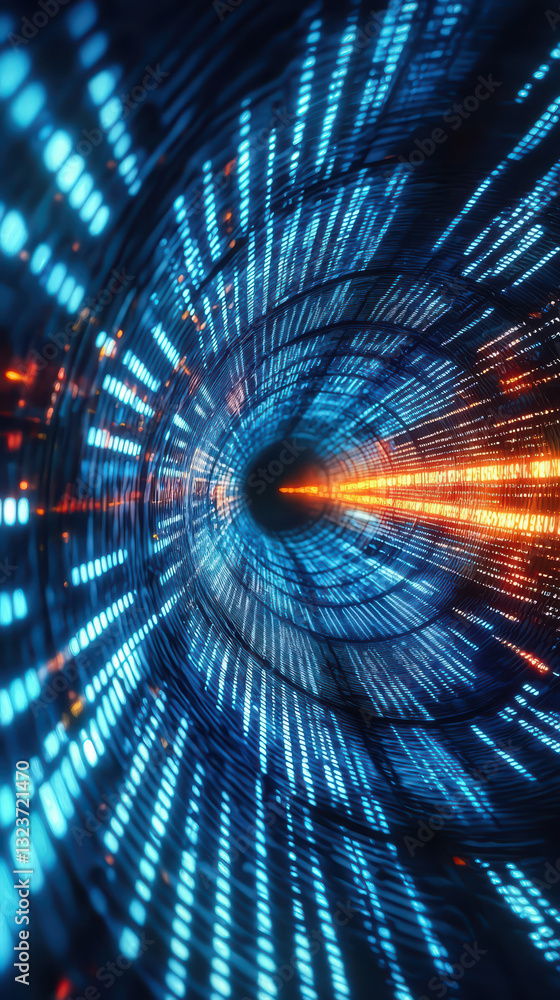 Poster digital passage: a futuristic tunnel comprised of glowing blue and orange data streams, symbolizing 