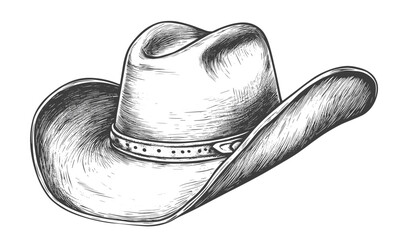 Cowboy hat sketch with detailed texture, hand-drawn vector, linear style icons set.
