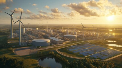 A large factory using wind and solar power to reduce carbon footprint, with a focus on the fusion of technology and sustainability.