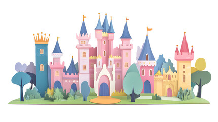 Obraz premium A cut-out of a school fairy tale play with castles, crowns, and enchanted forest icons on a white backgroundб fairy tale castle vector illustration