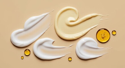 A flat lay composition of various skincare cream and serum textures swirled artistically on a neutral beige background