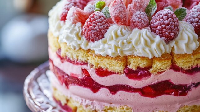 Trifle, rhubarb, raspberry, cream. Generative AI