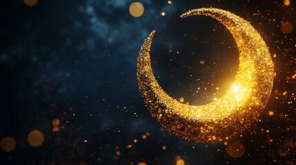 Fototapeta premium Golden Crescent Moon: A Symbol of Ramadan and Islamic Celebration under a mystical night sky with glittering particles and a sense of spiritual serenity.