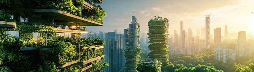 Fototapeta premium Wide-angle view of a vibrant utopia, soaring skyscrapers intertwined with lush greenery, scientific innovations everywhere, harmonious living
