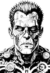SVG vector features symbolic Frankenstein designs in artistic style. Futuristic Robot Portrait with Intricate Mechanical Details