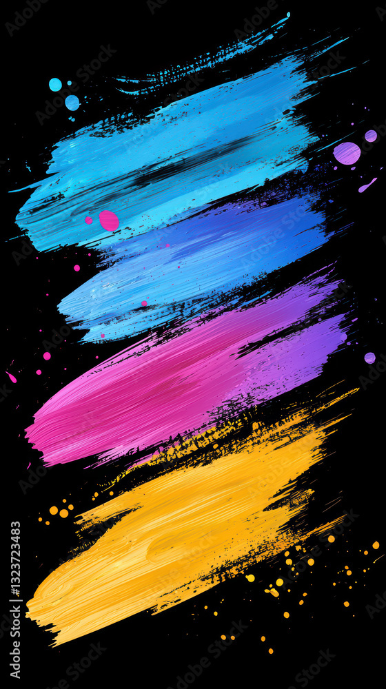 Poster vibrant strokes: dynamic abstract design featuring bold, colorful brushstrokes on a dark canvas. a v