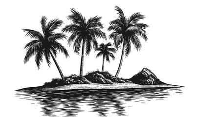 Tropical island with palm trees and calm water reflection, vector, linear style, icons set.