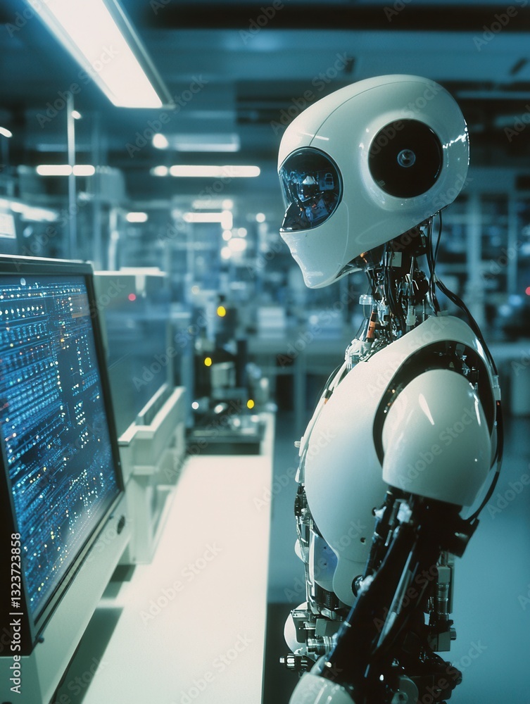 Aufkleber Robot working in a high-tech laboratory with computer screens and blinking lights in the background