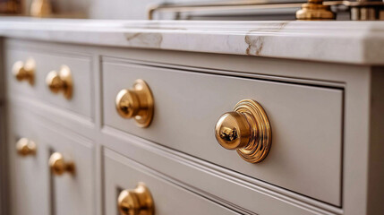 Brass handles on kitchen cabinets