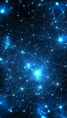 Abstract Digital Mesh Network, Interconnected Dots and Lines on Blue, Futuristic Technology