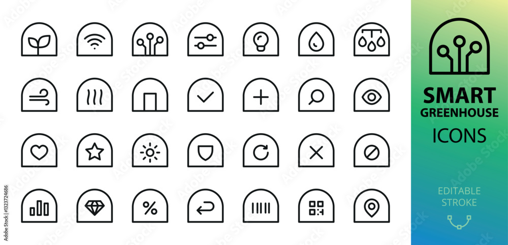 Poster smart greenhouse management system icons set. set of greenhouse monitoring system vector icons with 