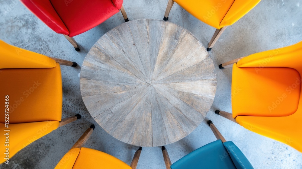 Leinwandbilder Radial Collaboration Nexus Dynamic Ergonomic Workspace Design with Color-Coded Seating - Innovative Team Interaction and Modern Office Productivity Visualization