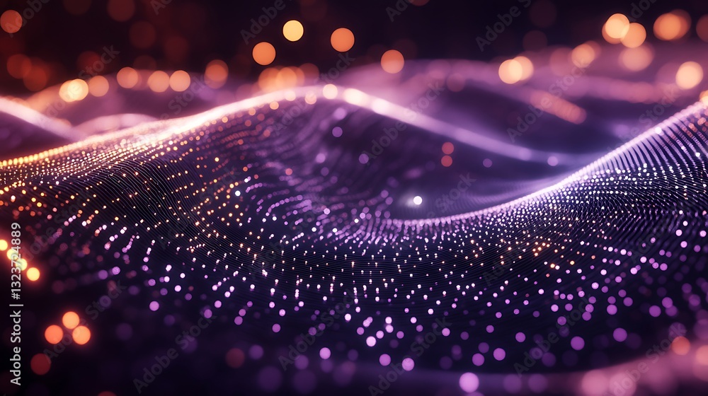 Poster abstract purple and gold particle wave background with bokeh for technology, science, and design pro