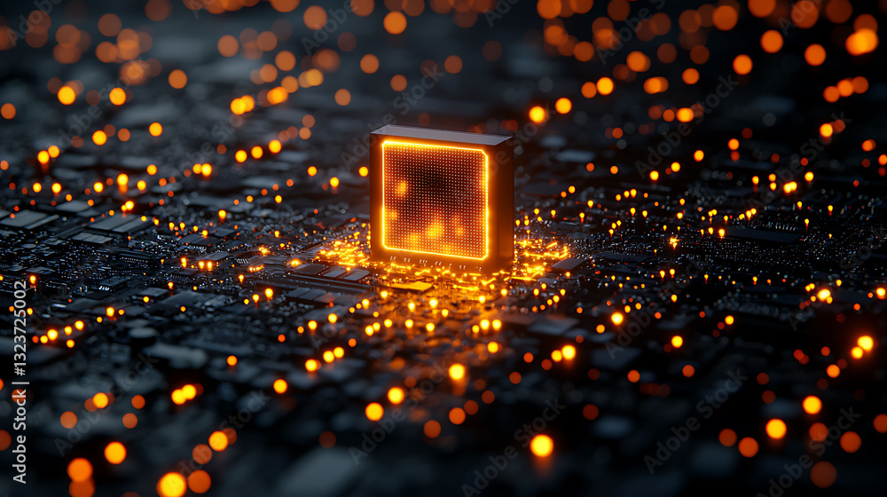 Poster glowing central processing unit on a circuit board. a powerful metaphor for innovation, technology, 