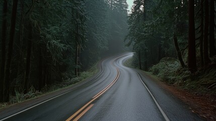 Fototapeta premium A winding road carves through a misty, dense forest, inviting a journey of mystery and adventure beneath towering trees.
