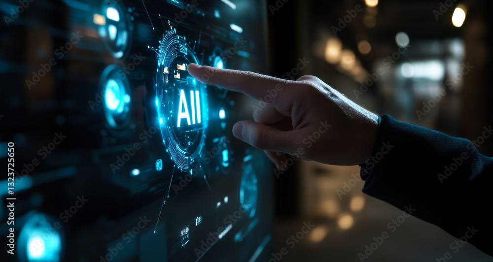 Poster interactive display of artificial intelligence technology in a modern environment at night