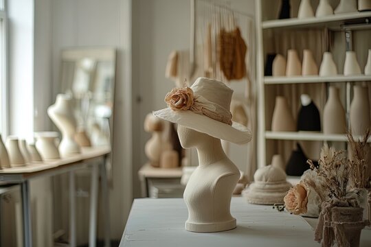 Elegant hat display in a creative workshop showcasing handmade accessories