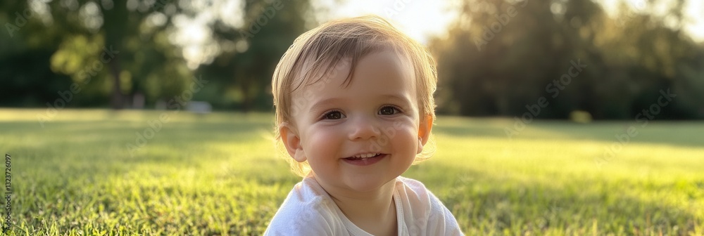 Poster Smiling child sitting in a park on a sunny day with green grass and soft sunlight in the background