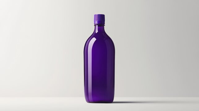 A vibrant purple plastic bottle, its sleek design and unusual form stark against a pristine white backdrop, stands as a testament to contemporary packaging, ready to capture attention and convey a