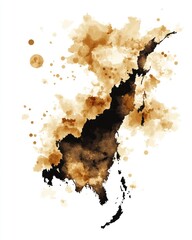 Abstract watercolor map illustration in shades of brown and black against a white background with splatters and textures