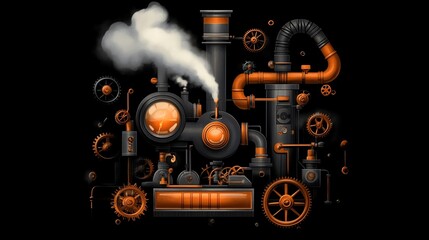 Intricate Steam-Powered Machinery A Glowing Orange and Black Steampunk Marvel