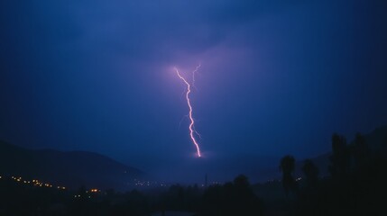 A single bolt of lightning strikes vividly against a dark, stormy sky, illuminating a silhouette of distant hills and a quiet, sleeping town below.