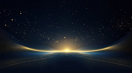 Obraz premium Ethereal Golden Horizon Abstract Starfield with Glowing Light Waves on Dark Blue Background, Premium Design