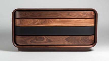 A sleek, contemporary dresser crafted from rich, dark wood, its surface adorned with contrasting accents of light wood and polished metal, exuding an aura of modern sophistication and adding a touch