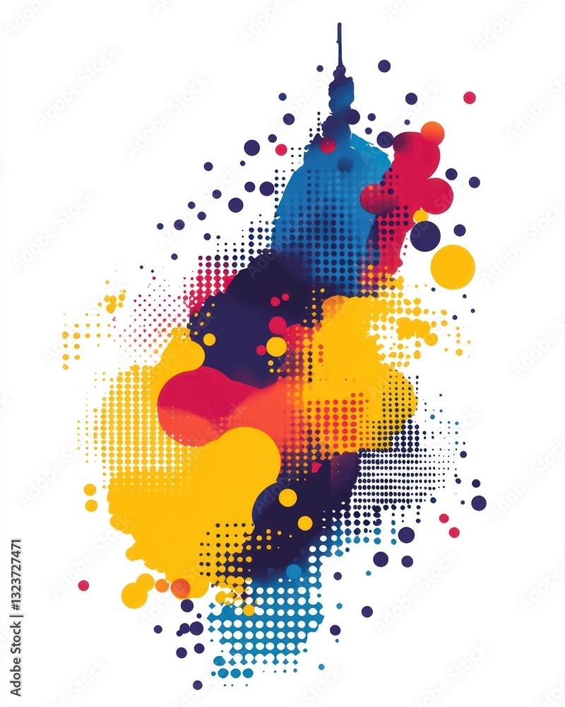Poster abstract composition featuring a mix of vibrant colors and dot pattern. the design includes shades o