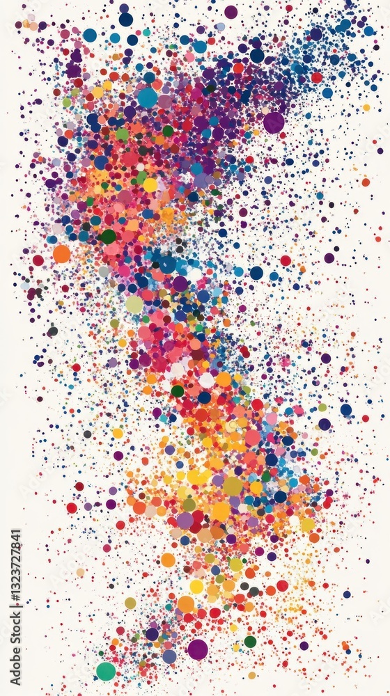 Poster abstract composition of colorful geometric shapes on white backdrop forming vertical dynamic pattern