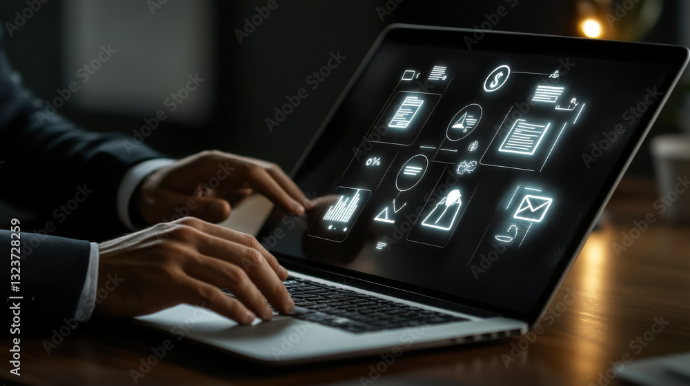 Poster professional working on a laptop displaying digital business icons in a modern office setting during