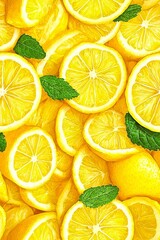 Seamless pattern watercolor yellow lemons large pieces of lemon slices with mint leaves.