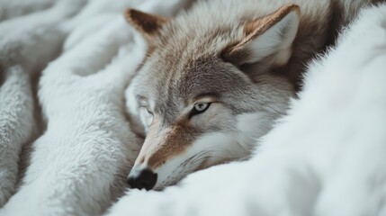 Obraz premium A gray wolf rests comfortably on a plush white blanket, embodying tranquility and elegance.