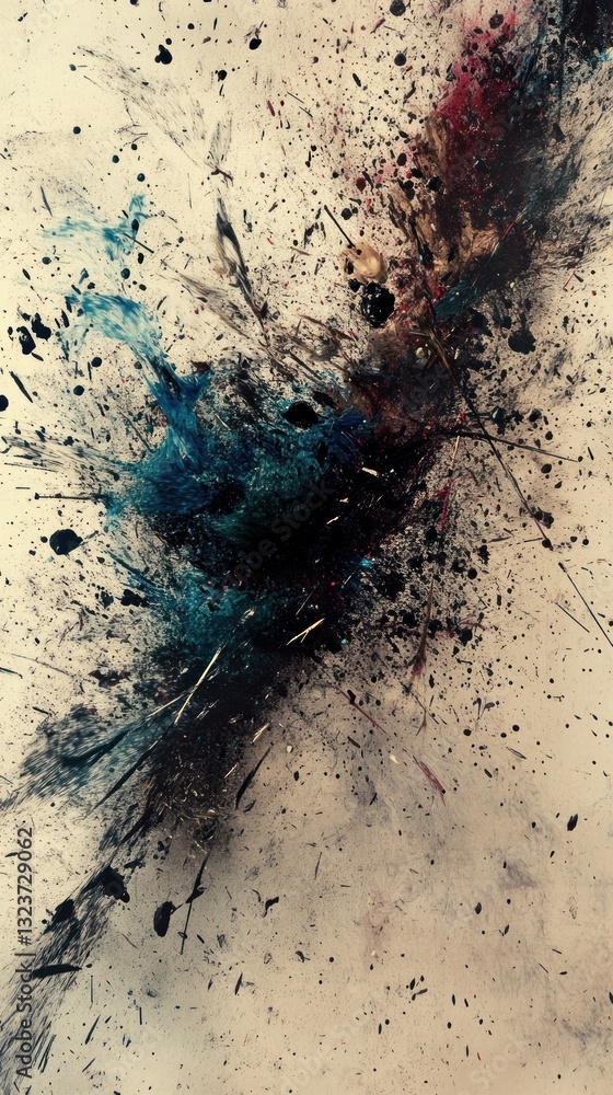 Poster abstract composition with explosive color splashes a dark core vibrant colors and a textured off whi