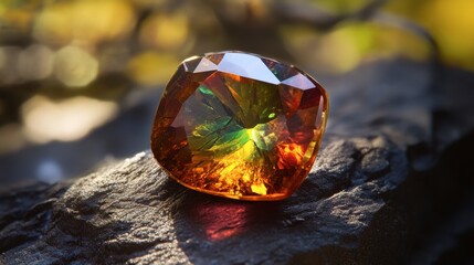 A rare sphene gemstone with a remarkable rainbow-like fire effect, sparkling brilliantly.
