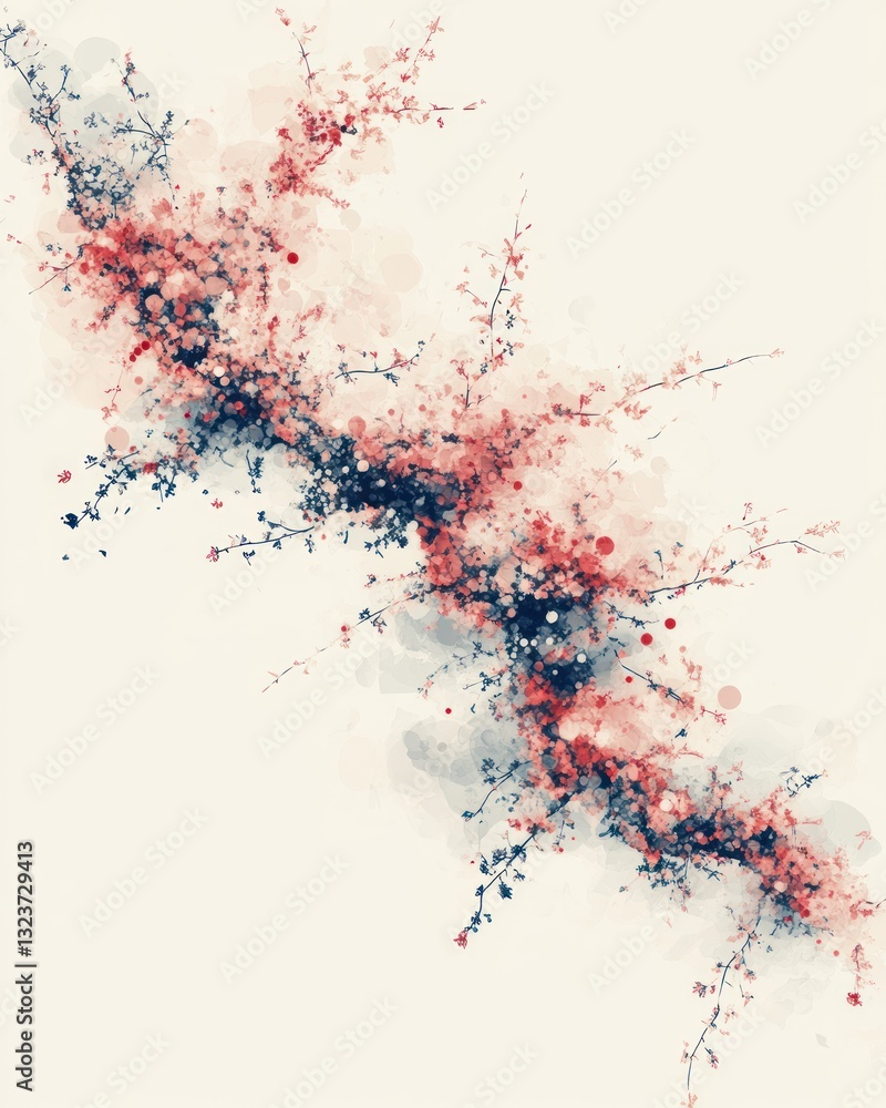 Poster abstract artwork with a diagonal design featuring a distribution of red and blue geometric shapes ag