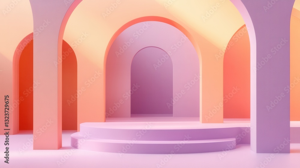 Poster pastel arches and podium abstract 3d architectural background for product display or presentation.