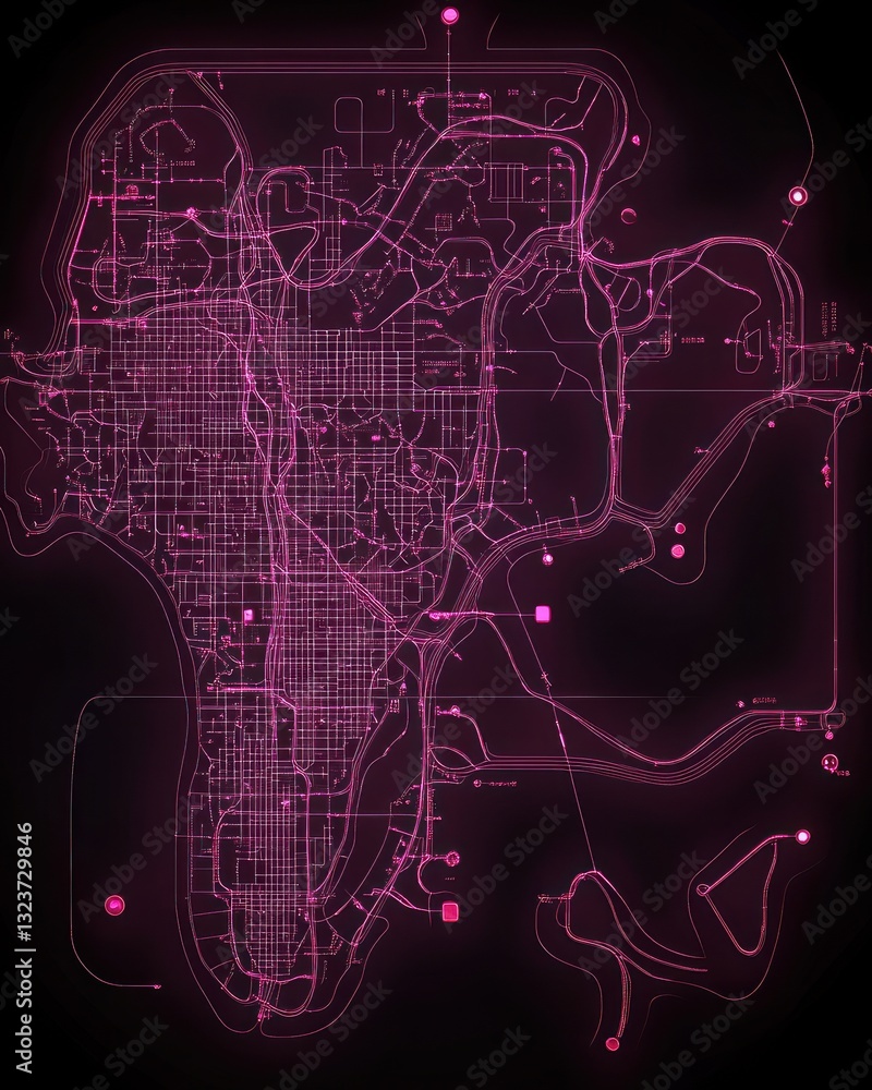 Poster abstract digital illustration of a network or circuit map with lines and dots in shades of pink on a