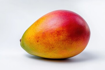 A vibrant and colorful mango fruit set against a white background