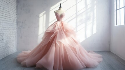 Fototapeta premium Elegant Pink Wedding Gown: A Vision of Bridal Beauty and Romantic Fashion, Perfect for a Dreamy and Graceful Celebration.