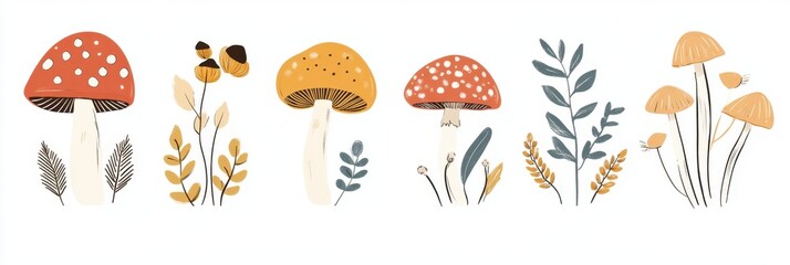 Whimsical Autumn Mushrooms and Plants